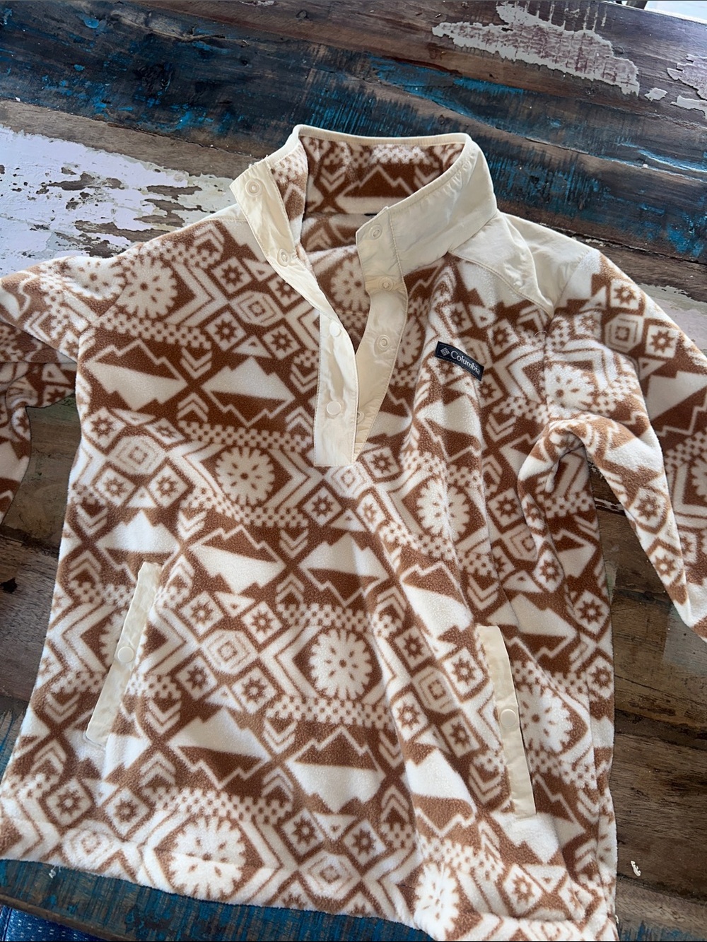 Columbia Women’s Cream & Brown Fleece Pullover Aztec Print Size Small